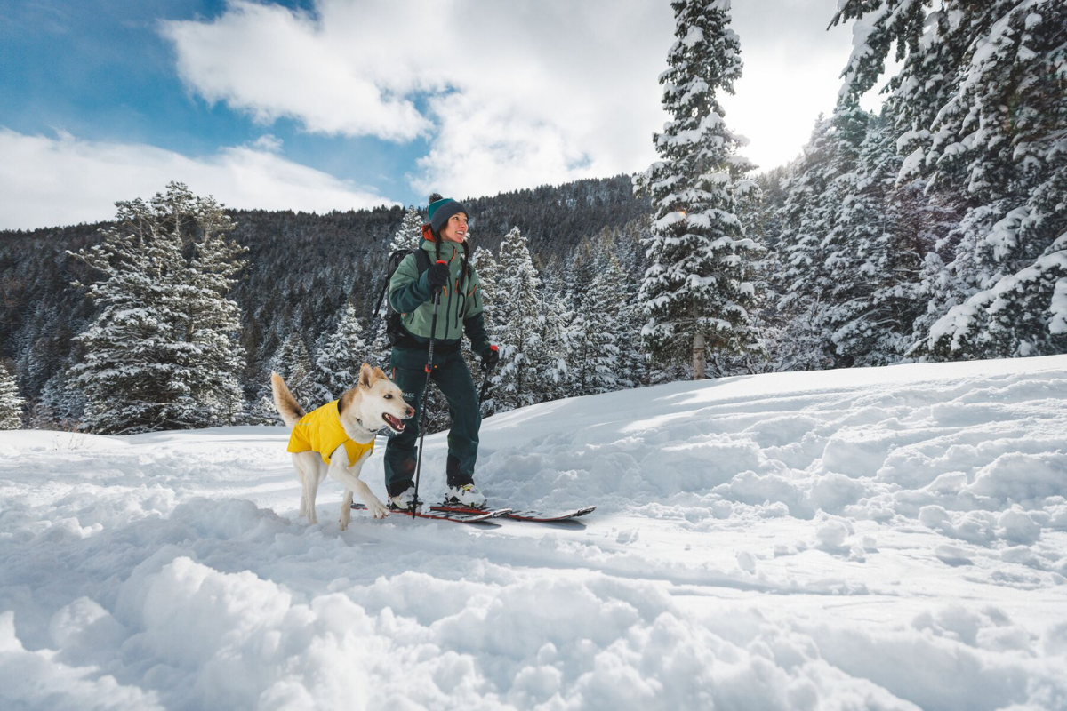 Woman skiing with her dog in the snow.
