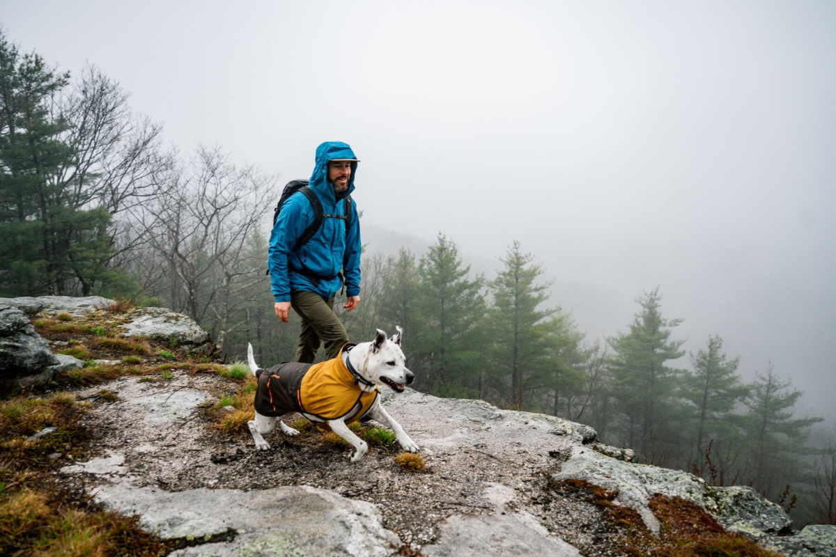 Man hiking with his dog in cold weather.