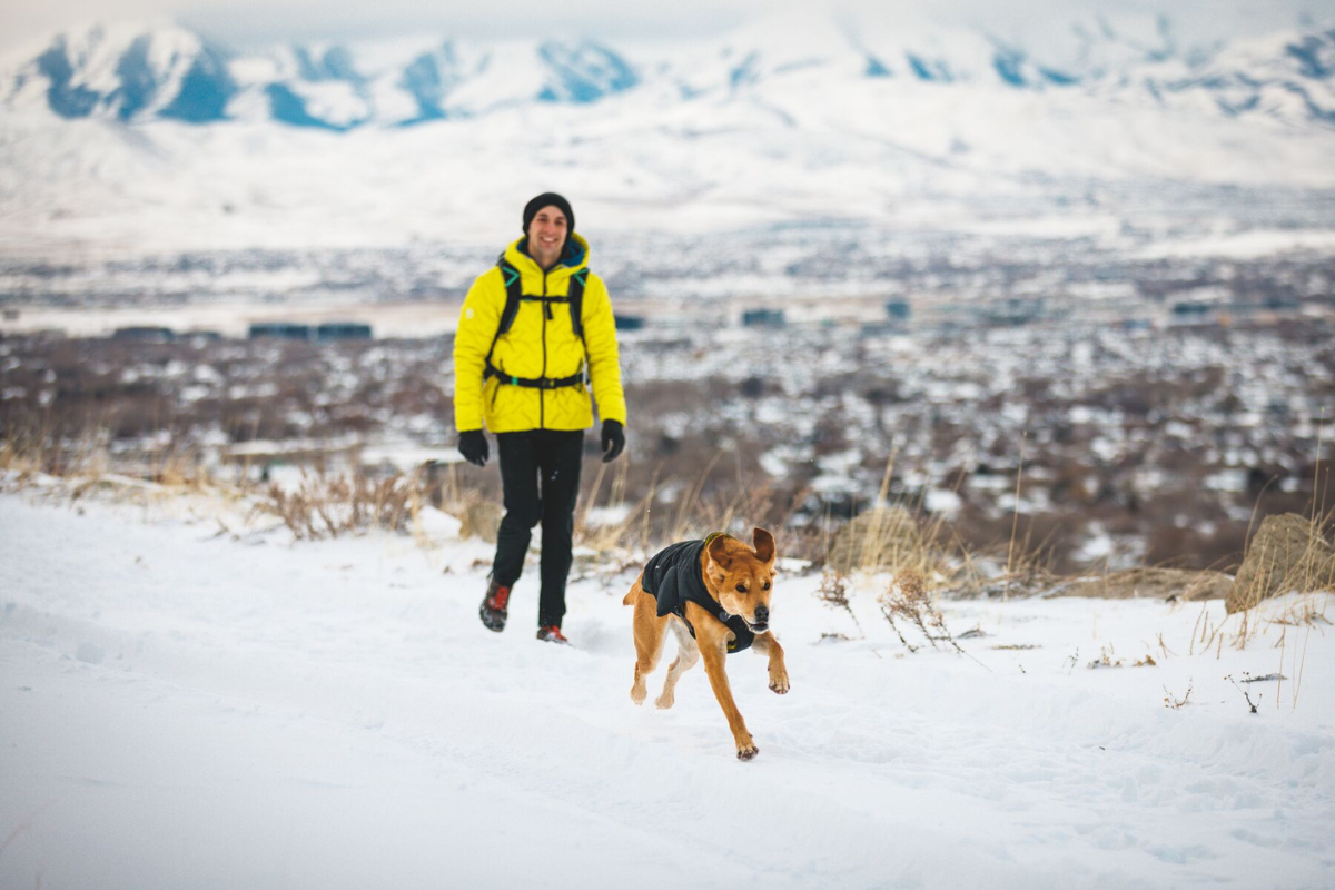 Man backpacking with his dog in the winter.